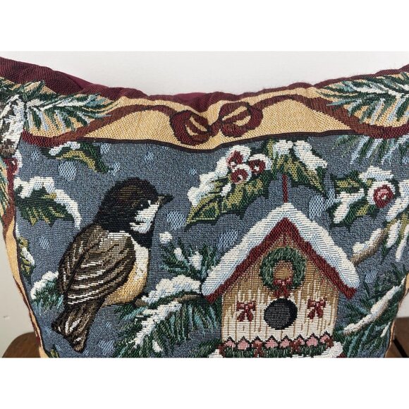 Tapestry Throw Accent Pillow 18”Christmas Chickadee  Mohawk Home Holly Snow Vtg - Picture 3 of 14